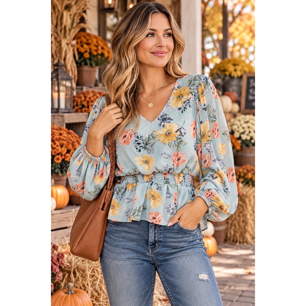 Women M Blue Floral Peplum Blouse Smocked Waist Balloon Sleeve Cottagecore Boho